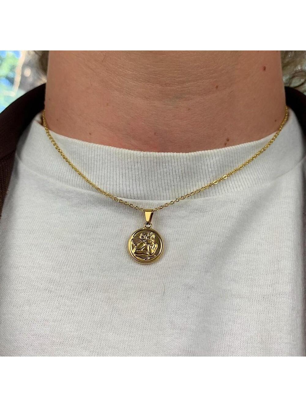 Cute Baby Angel Stainless Steel Gold Plated Circle Pendant necklace. 17.5 - Picture 2 of 7